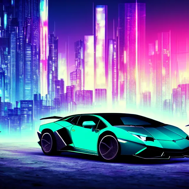 Prompt: epic digital art of photorealistic synthwave lamborghini driving through neon cyberpunk futuristic city towers, mountains in background, wlop, pixiv