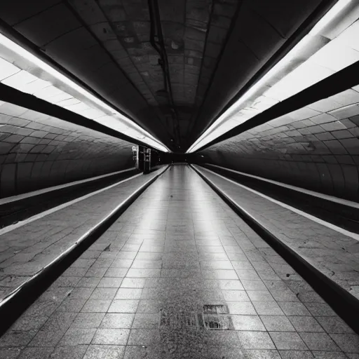 Prompt: flash photograph of an empty underground subway with shadow cryptid standing far away, liminal space