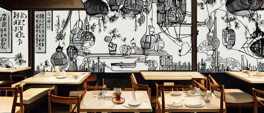 Image similar to a beautiful interior view illustration of a small roasted string hotpot restaurant in yan'an city, restaurant wall paper is a tower on a mountain, rectangle white porcelain table, black chair, animation illustrative style, from china, simple style structure decoration design, victo ngai, james jean, 4 k hd