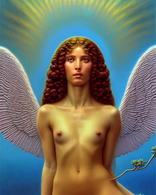 Image similar to angel, unusual beauty, flowers and plants, emotionally evoking symbolic metaphors, head in focus, fantasy, ornamental, intricate, elegant, sensual, highly detailed digital painting, artstation, concept art, painterly, golden ratio, sharp focus, illustration, art by John William Godward and Boris Vallejo and Zdzisław Beksiński,