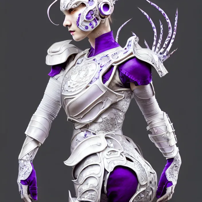 Prompt: porcelain cyborg armor, Chinese Kangxi purple and white fox pattern porcelain, diffuse lighting, fantasy, intricate, elegant, highly detailed, lifelike, photorealistic, digital painting, artstation, illustration, concept art, smooth, sharp focus, art by John Collier and Albert Aublet and Krenz Cushart and Artem Demura and Alphonse Mucha