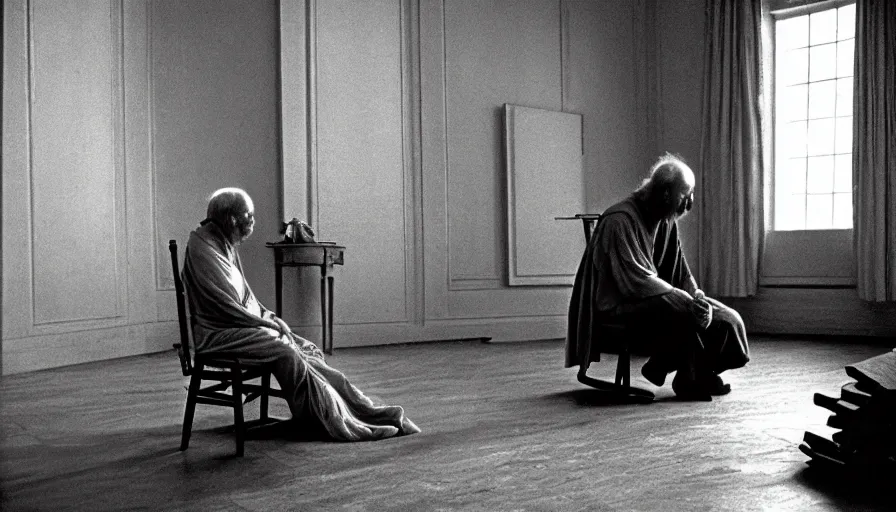 Prompt: 1 9 6 0 s movie still by tarkovsky of an elder socrates drinking hemlock in a tiny neoclassical room, cinestill 8 0 0 t 3 5 mm b & w, high quality, heavy grain, high detail, panoramic, ultra wide lens, cinematic composition, dramatic light, anamorphic, raphael style, piranesi style