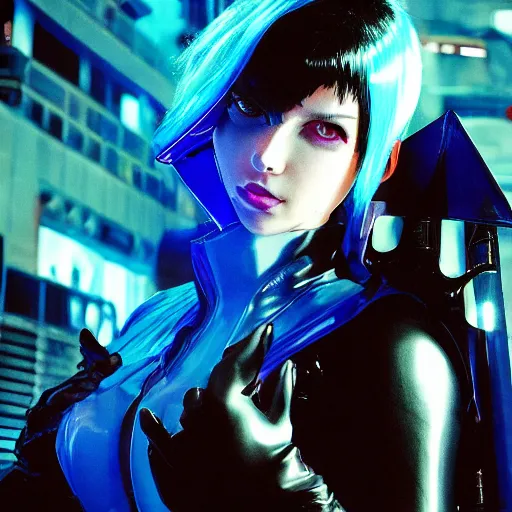 Image similar to cyberpunk Blade Runner 2077 Ghost in the Shell big bust beautiful synthwave witch girl in blue latex dress and blue latex gloves