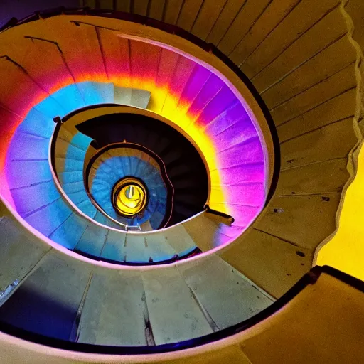 Image similar to A beautiful spiral staircase winding down to a colorfully lit chasm, view from above