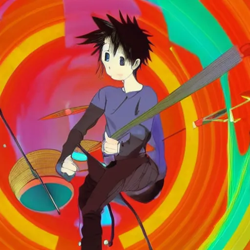 Image similar to anime of jacob collier on space darkness hitting saturn rings with drum sticks