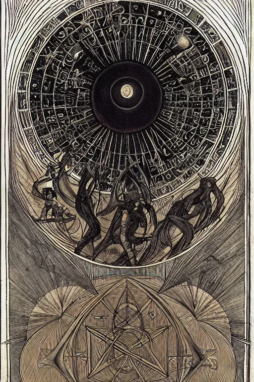 Image similar to occult diagram of the black sun, in the style of gustav moreau, goward, wayne barlowe,  Gaston Bussiere and roberto ferri, composition by austin osman spare