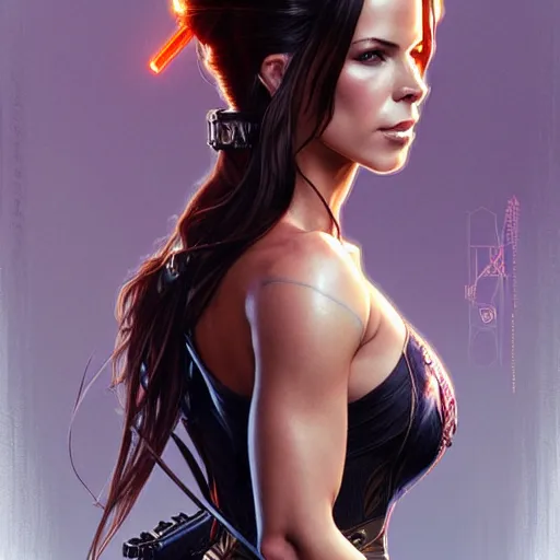 Prompt: a portrait of kate beckinsale as katana girl, upper half portrait, urban motifs, intricate, elegant, highly detailed, digital painting, trending on artstation, concept art, smooth sharp focus, illustration, art by artgerm and greg rutkowski alphonse mucha 8 k