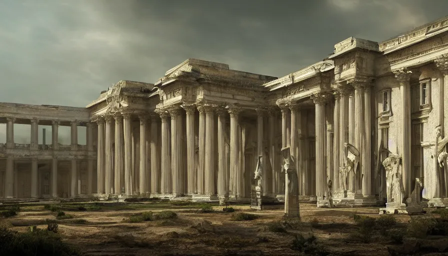 Prompt: 2 0 1 0 s movie still of a neoclassical palace with pyramids, by piranesi, high quality, high detailed, rain