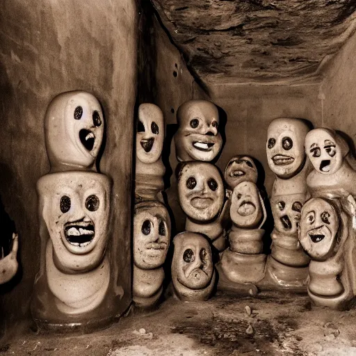 Prompt: a photograph photo of a tower of oozing, slimy, wet clay covered in screaming faces, sitting in the center of a concrete cellar with lamps on the walls