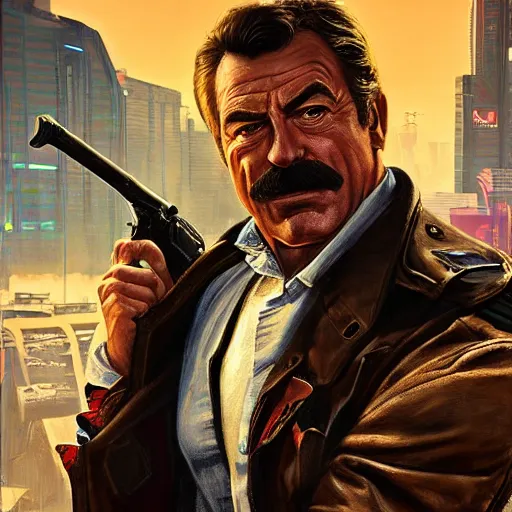 Image similar to ultra realistic head and shoulders portrait painting of tom selleck as johnny silverhand in cyberpunk 2 0 7 7, art by frank frazetta, 4 k, ultra realistic, highly detailed, epic lighting