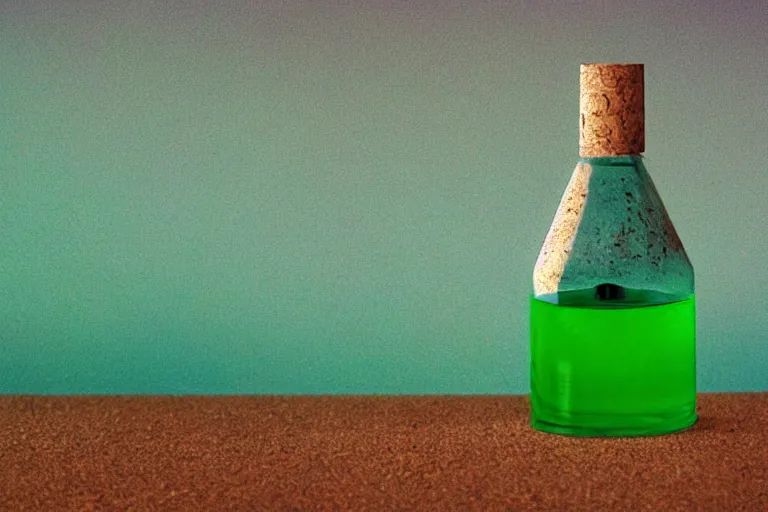 Image similar to small potion with a cork top filled with a green and turquoise gradient liquid, on a desk, old film photo