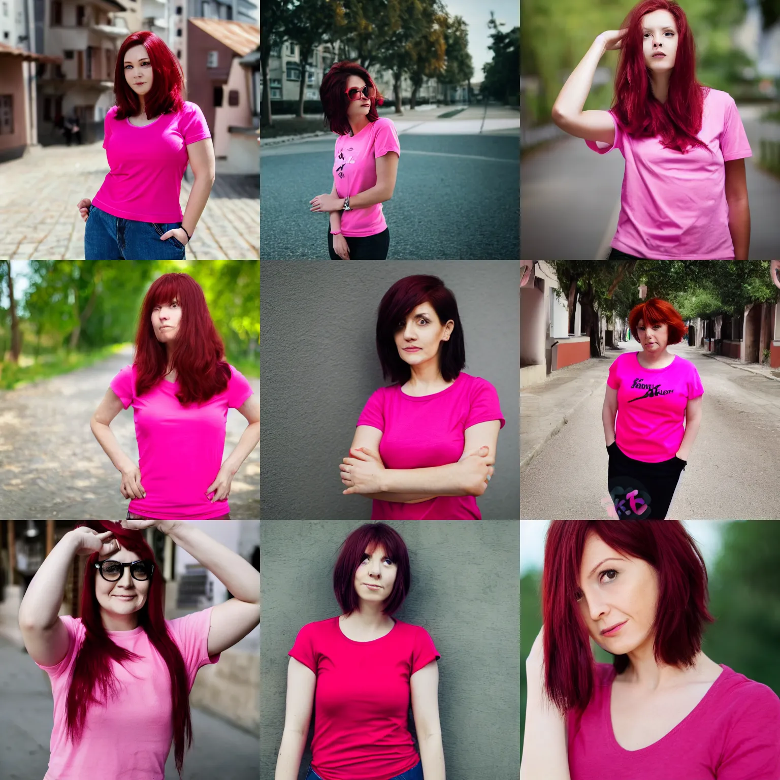 Prompt: a woman with short dark - red hair wearing a pink t - shirt strikes a pose. 4 k.