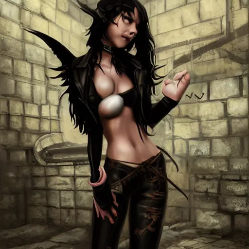 Image similar to a schoolboy and intimidating by a succubus in a leather suit leaning on a cracked brick wall, devil wings, long hallway, seductive, light at the end of the tunnel, volumetric lighting, concept art, detailed, dramatic lighting, by artgerm