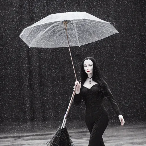 Image similar to morticia addams holding a parasol during a [ humid, rainy day ] as she saunters across the city, closeup!!!, trending on artstation, 4 k photorealism, unsplash, shot by jimmy nelson