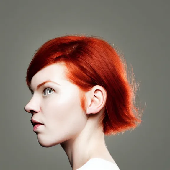 Image similar to portrait of a plain looking young white female model red hair and uneven skintone and a round shaped face