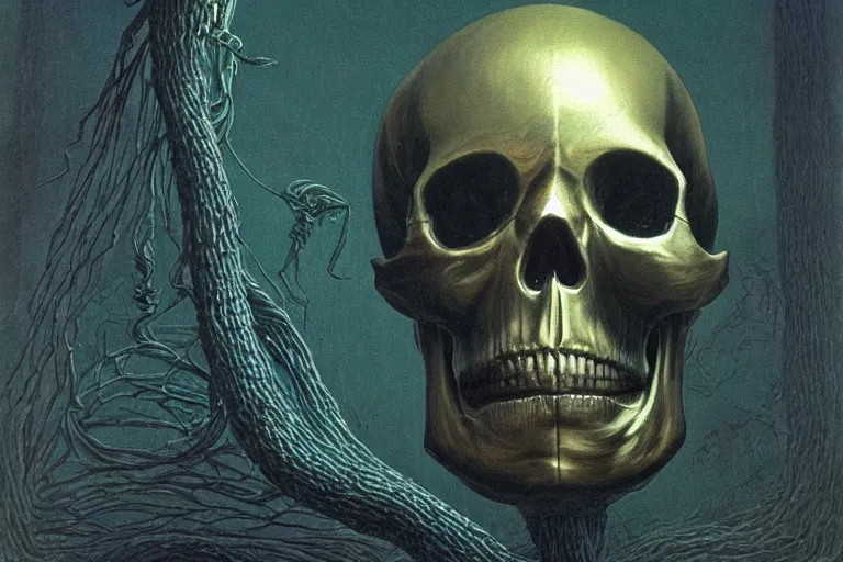 Image similar to intricate, smooth, large metallic skull atop coil of smooth spinal columns, inside a dark room, style by caspar david friedrich and wayne barlowe and ted nasmith.