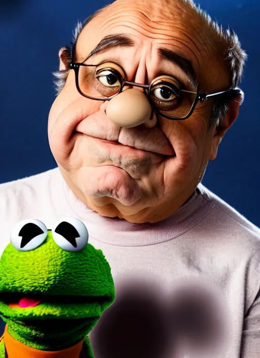 Image similar to studio portrait still of muppet!!!!! danny devito!!!!!! as a muppet muppet as a muppet, 8 k, studio lighting, key light,