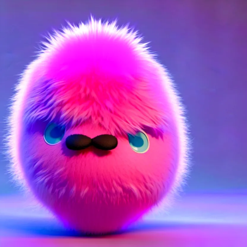 Image similar to high quality 3 d render hyperrealistic very cute big spherical creature, mustache, plush mascot, short spiky dense fluffy smooth hair, isometric 3 d, psychedelic lighting pink fluffy fur 1 cm long, 1 5 0 mm, smooth background, artstation, ultra detailed, elegant, ultra detailed, octane render