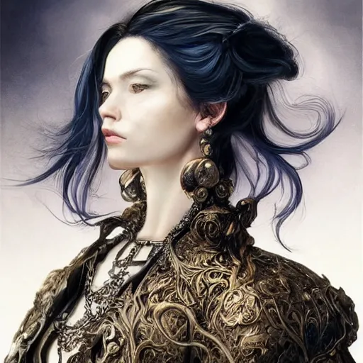 Image similar to portrait, headshot, insanely nice professional hair style, dramatic hair color, digital painting, of a old 17th century, old cyborg merchant, amber jewels, baroque, ornate clothing, scifi, realistic, hyperdetailed, chiaroscuro, concept art, art by Franz Hals and Jon Foster and Ayami Kojima and Amano and Karol Bak,