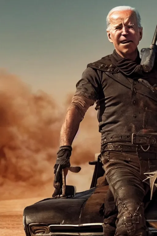 Image similar to [a still of Joe Biden in the movie Mad Max (2015), 4k, HD, high quality, octane]