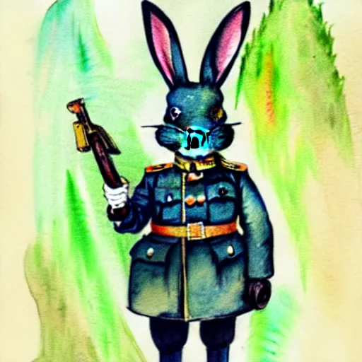 Prompt: water colour illustration of a rabbit wearing a ww1 uniform