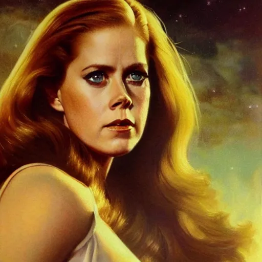 Image similar to ultra realistic portrait painting of amy adams in a 1 9 7 0 s sci - fi ad, art by frank frazetta, 4 k, ultra realistic, highly detailed, epic lighting