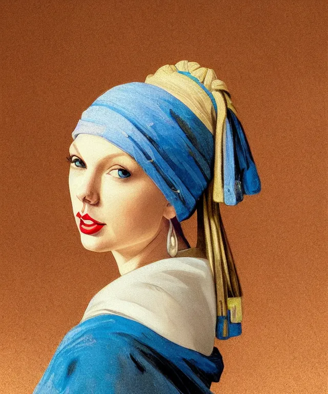 Image similar to Taylor Swift as the girl with the pearl earring, highly detailed, digital painting, artstation, concept art, smooth, sharp focus, illustration, ArtStation, art by artgerm and greg rutkowski and alphonse mucha and J. C. Leyendecker and Edmund Blair Leighton and Katsuhiro Otomo and Geof Darrow and Phil hale and Ashley wood and Ilya repin and Charlie Bowater