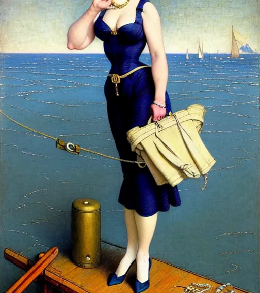 Prompt: a fancy beautiful plump young lady holding a purse standing on a wharf at the edge of the sea by brom and gil elvgren and jean delville and william blake and norman rockwell and michael whelan, crisp details, hyperrealism, high detail, high contrast, feminine features, stylish navy blue heels, gold chain belt, cream colored blouse