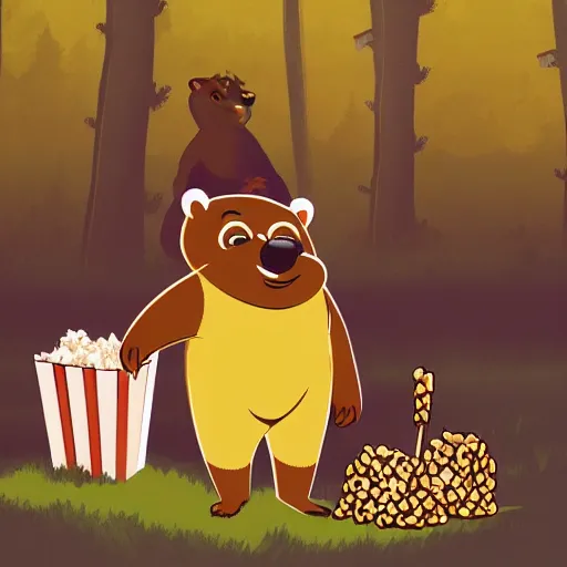 Prompt: yogi bear selling popcorn, artstation, forest background,