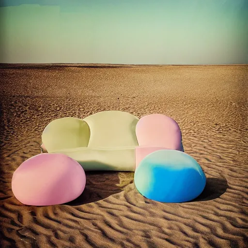 Prompt: a pastel colour high fidelity wide angle Polaroid art photo from a holiday album at a seaside dune with abstract inflatable parachute furniture, all objects made of transparent iridescent Perspex and metallic silver, no people, iridescence, nostalgic