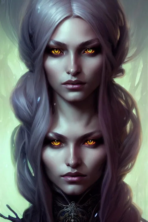 Image similar to drow hunter, fantasy, amber eyes, face, long hair, intricate, elegant, highly detailed, digital painting, artstation, concept art, smooth, sharp focus, illustration, art by artgerm and greg rutkowski and alphonse mucha