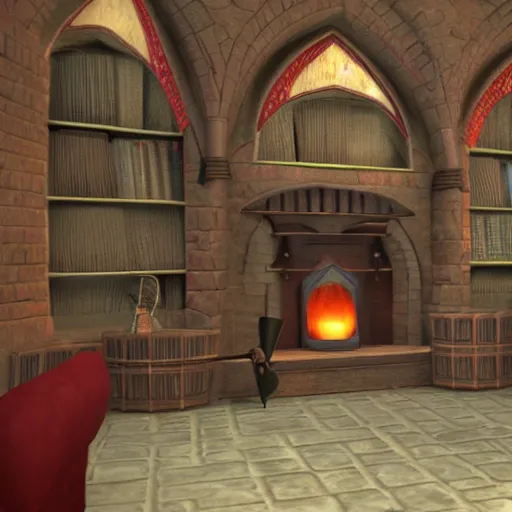 Image similar to Hairy Potter in Gryffindor's common room, Playstation 2 screenshot, 3D Render