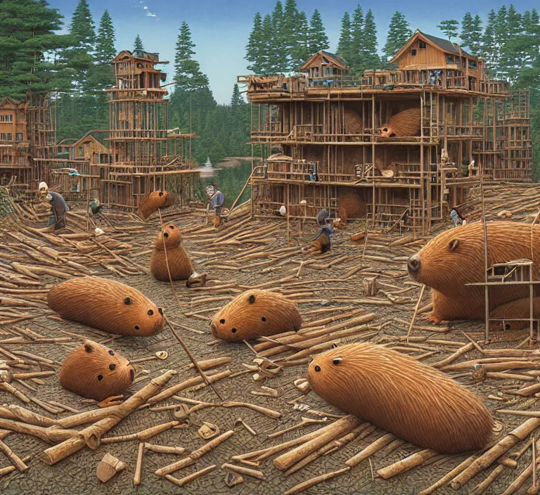 Prompt: photography hyperrealism concept art of highly detailed anthropomorphic beavers builders that building city with sticks by hasui kawase and scott listfield