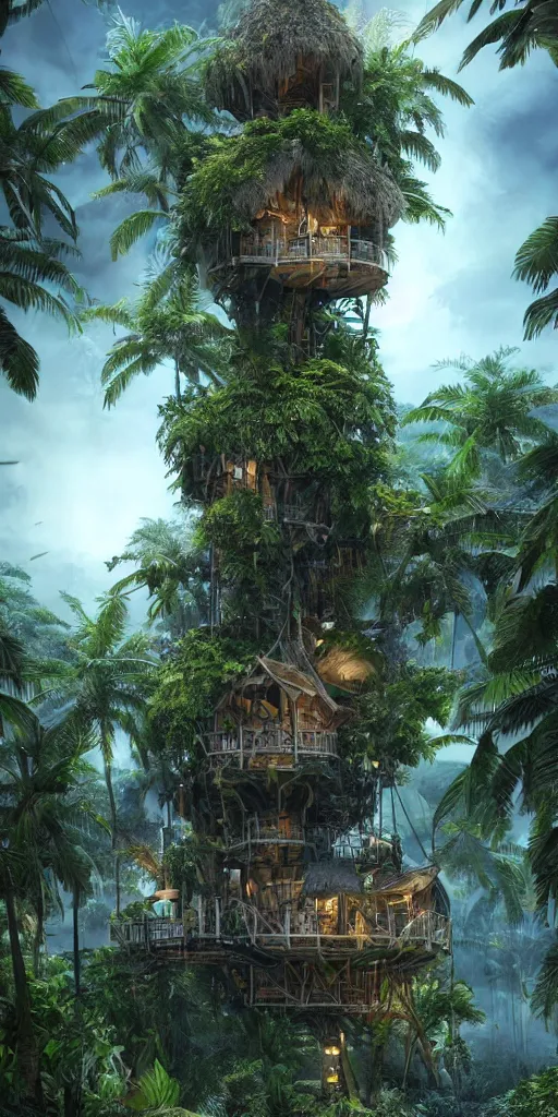 Image similar to ultra realistic and intricate detailed giant tropical tech treehouse on the middle of the tropical paradise, night, high technology, innovation, Dark evil style, artstation, unreal render, depth of field, ambient lighting, award winning, stunning