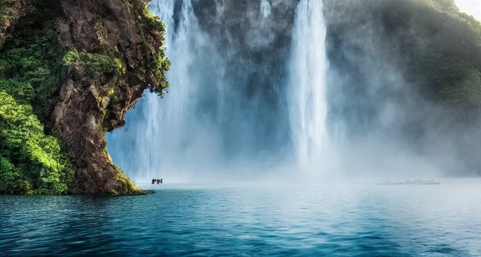 Prompt: A magnificent flying island in the sky above the sea, waterfall falling down, epic lighting, epic composition, cinematic, highly detailed, 4k