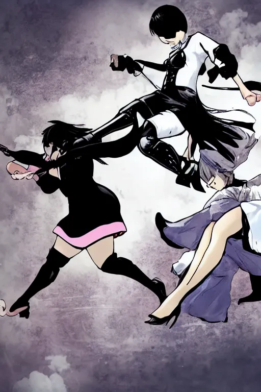 Prompt: Picture of 2B kicking a fat feminist in the head.