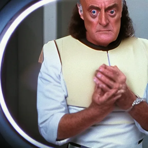 Prompt: movie still of chancellor Gowron (Star Trek: Deep Space Nine) in a dirty gas station bathroom stall kneeling near the toilet and looking in wonder at the small round hole in the stall wall, 4k, realistic, footage