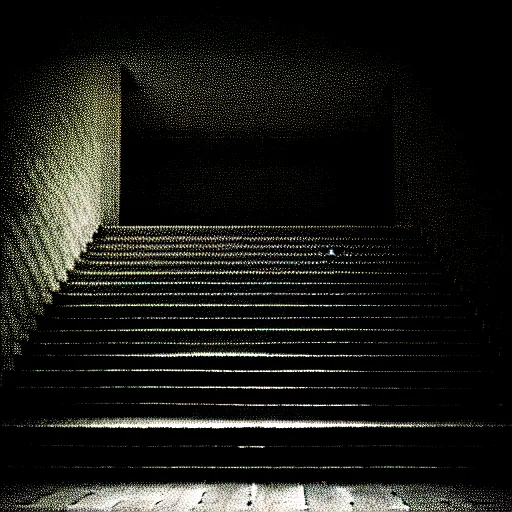 Image similar to black and white surreal photograph, highly detailed vast space made of stairsteps, sideview, detailed textures, natural light, mist, architecture photography, film grain, soft vignette, sigma 1 4 mm f / 1. 4 1 / 1 0 sec shutter, imax 7 0 mm footage