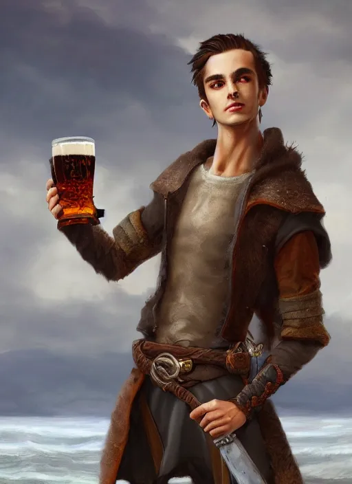 Image similar to young slim man, short black hair, pale, holding a tankard of ale, digital art, pathfinder, d & d, detailed, realistic, trending on artstation, sea in the background