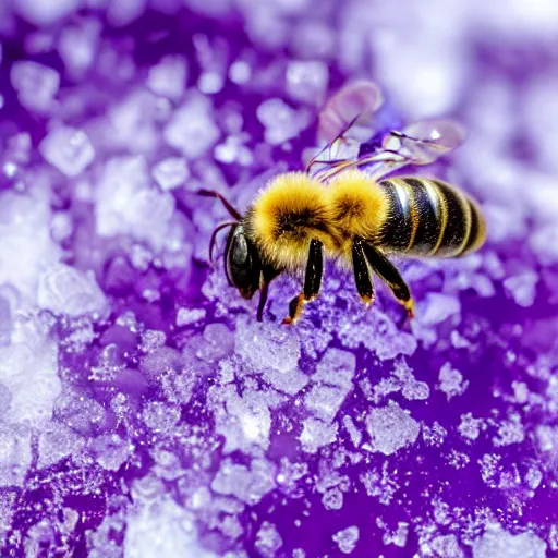 Image similar to a bee finding a beautiful flower, entrapped in ice, only snow in the background, beautiful macro photography, ambient light