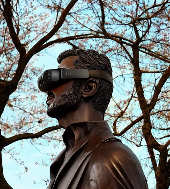 Image similar to a 4 k photorealistic photo medium shot of a bronze statue of a man wearing a vr headset on his head.