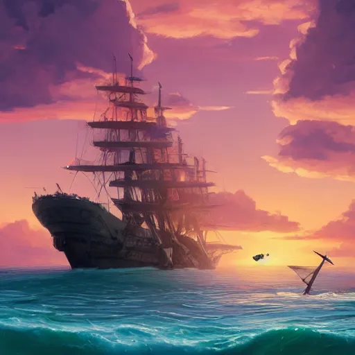 Image similar to two large pirates ship floating on top of a body of water at sunset, fighting each other, pirates flag , cgsociety, fantasy art, 2d game art, concept art , ambient occlusion, bokeh, behance hd , concept art by Jesper Ejsing, by RHADS, Makoto Shinkai Cyril Rolando