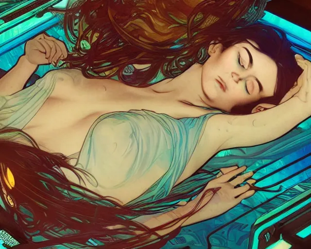 Image similar to cyberpunk woman lying down in a sleeping chamber, realistic illustration, sharp shapes, blue glow, alphonso mucha, mysterious lighting, masterpiece