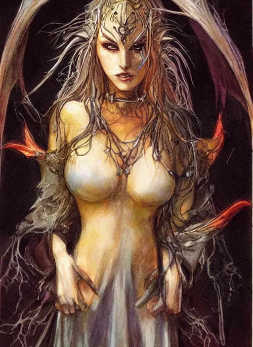 Image similar to portrait of lithe female sorceress of the fey, beautiful! coherent! dungeons and dragons character, by brian froud, strong line, night color, high contrast