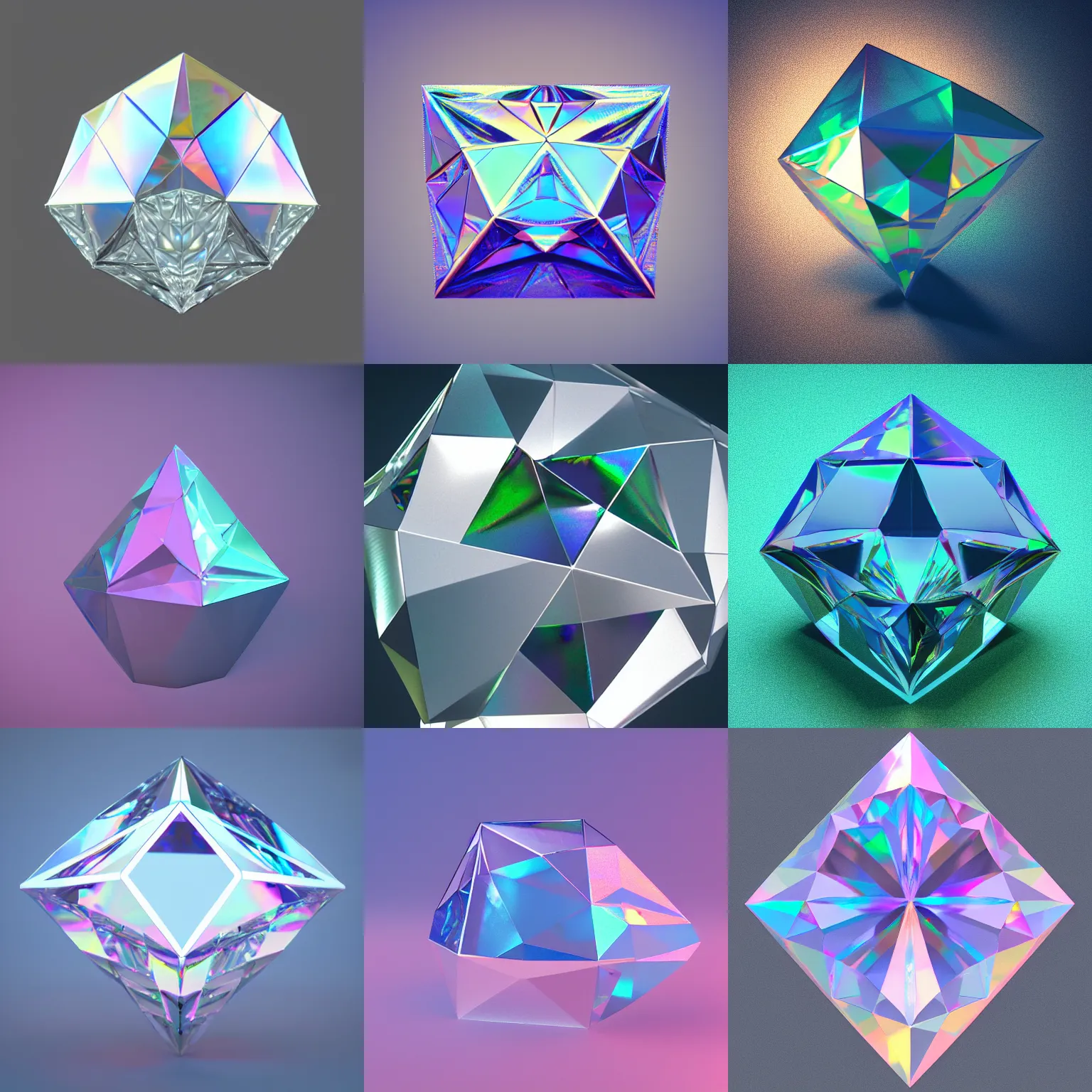 Prompt: low poly diamond, iridescent transparent, prism, octane render, digital art, ray tracing, global illumination