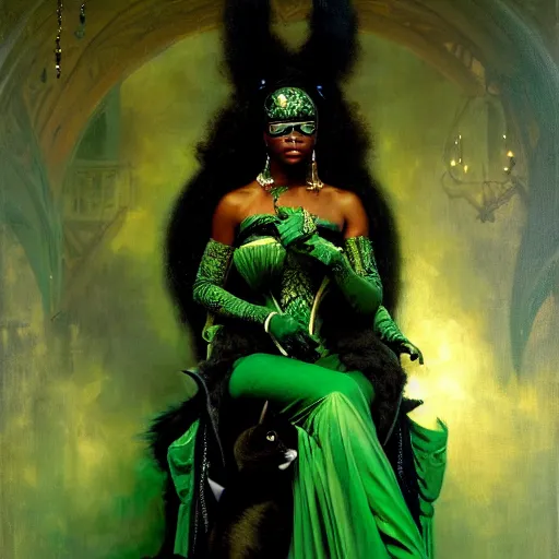 Prompt: full body portrait of black skinned, masked queen in green and black gothic robes sitting on a throne of cats, elegant, highly detailed painting by gaston bussiere, craig mullins, j. c. leyendecker, 8 k, mid shot