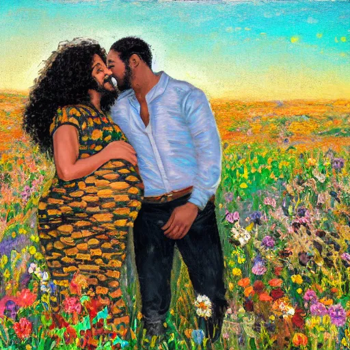 Prompt: egyptian man with long curly hair in a field of flowers, alongside a pregnant black woman with curly hair, with a small black puppy in the middle, golden hour, vintage, impressionist painting, fine art, oil painting, dreamy, pastel, laughing, happy, intricate details, sharp, peaceful, serene