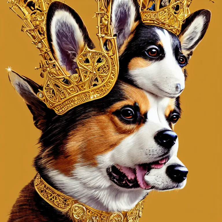 Prompt: highly detailed illustration of a portrait of a regal corgi wearing a jeweled golden crown, artstation, cinematic lighting, hyperdetailed, cgsociety, 8k, high resolution, by John Philip Falter, Art Nouveau, insanely detailed and intricate