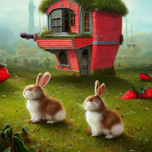 Prompt: fluffy bunnies playing outside their strawberry houses, lowbrow, matte painting, 3 - d highly detailed, style of greg simkins