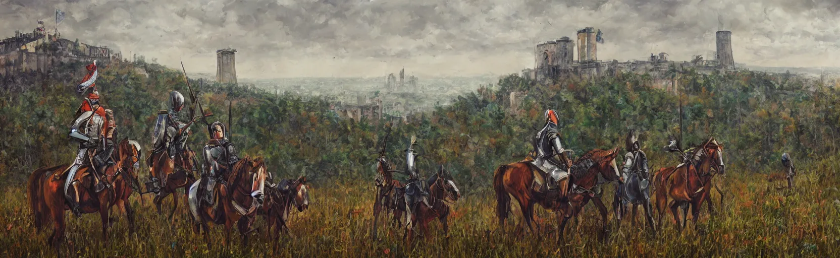 Image similar to horseback knights at scenic overlook; cloudy, grey skies, walled fort city deteriorating office buildings in background on hill; forest; la Bastille, post apocalyptic, grungy; oil on canvas, colorful, artstation